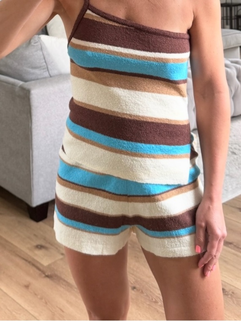 Cupshe Blue, Brown & Cream Striped One-Shoulder tank & shirts🎆